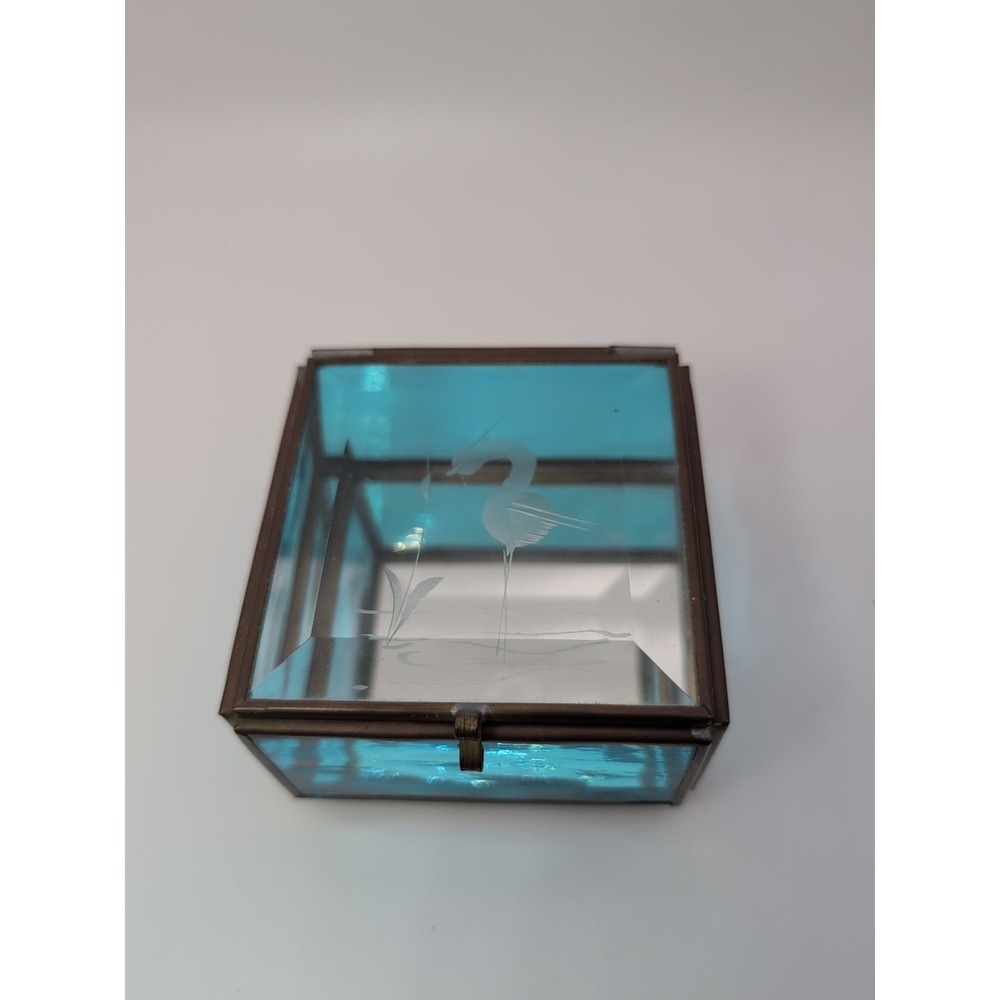 vintage Decorative Blue Stained Bird Etched Brass Edged Trinket Box Mirrored